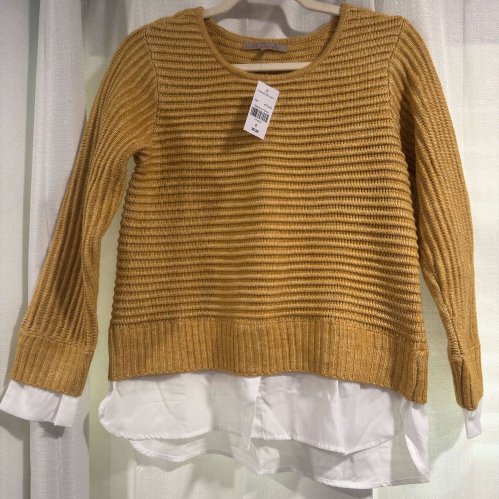My Danielle Mustard Yellow 2-in-1 Layered Sweater White Shirt Hem MD70696SWT S